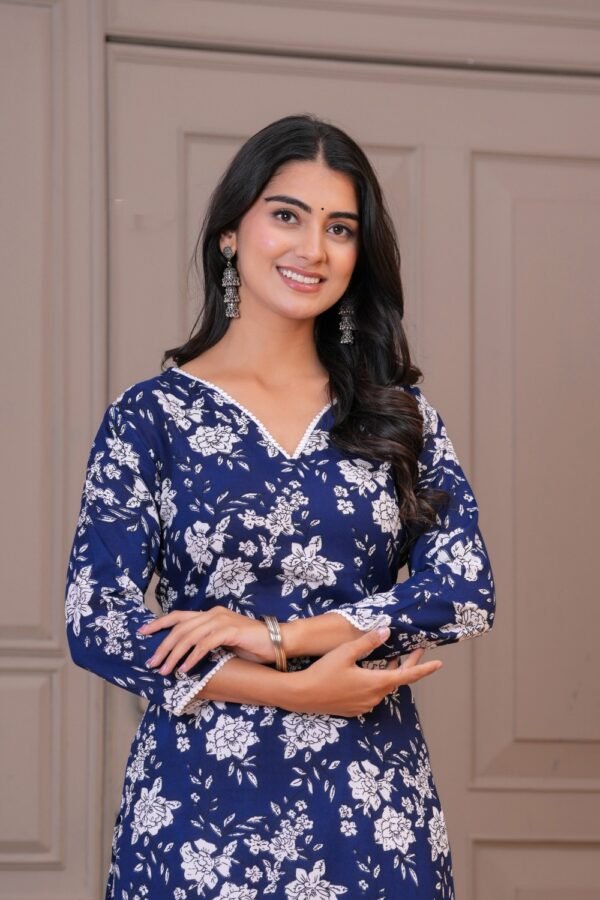 Hastkunj Navy Blue Floral V-Neck Straight Kurta Set with White Pants | Women’s Everyday Ethnic Wear