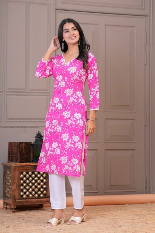Hastkunj Pink Floral Rayon Straight Kurti | V-Neck Women’s Long Kurti with 3/4 Sleeves